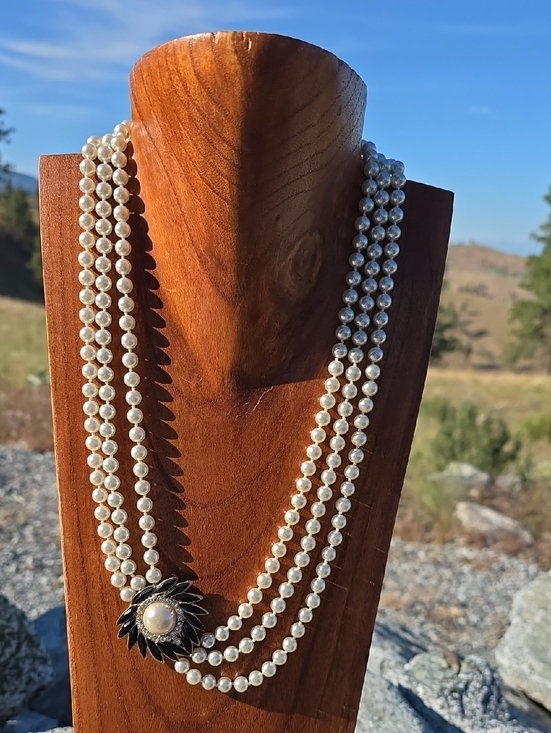 Source Unknown Jewelry - Triple-Strand White Faux Pearl Necklace with Crystal Floral Accent
